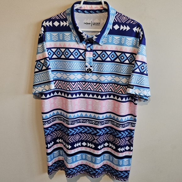 Full Wedge Performance Golf Polo Shirt - Blue & Pink Aztec Print - Size Large - Picture 1 of 7